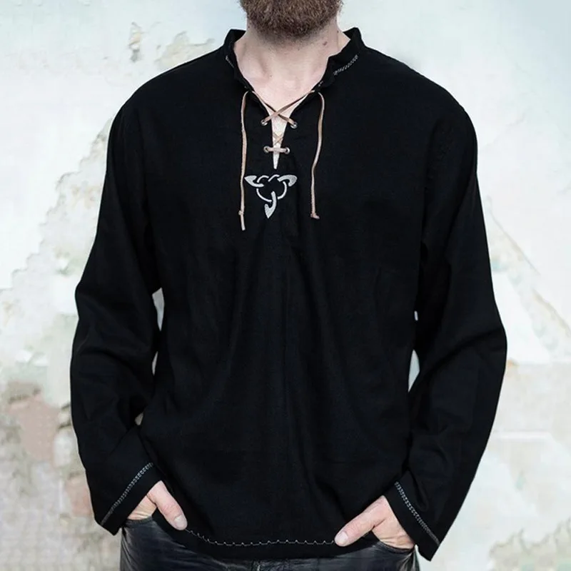 

2022 summer new European and American cotton and linen half-open collar men's long-sleeved shirts loose V-neck men's tops 4XL