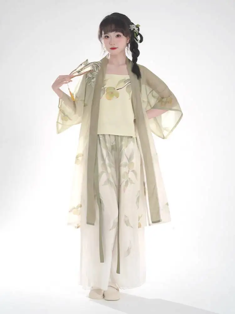 Фото Новое женское платье Hanfu Song System с рукавами, короткое платье, плиссированная юбка, брюки-фонарики, повседневные подтяжки №3