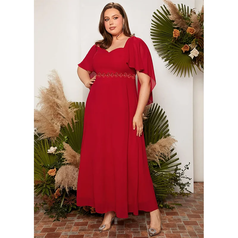 Plus Size Red Dress Wedding Luxury V Neck Plus Size 4xl 5xl Dress Women Summer Mid Length Ruffle Maxi Dress