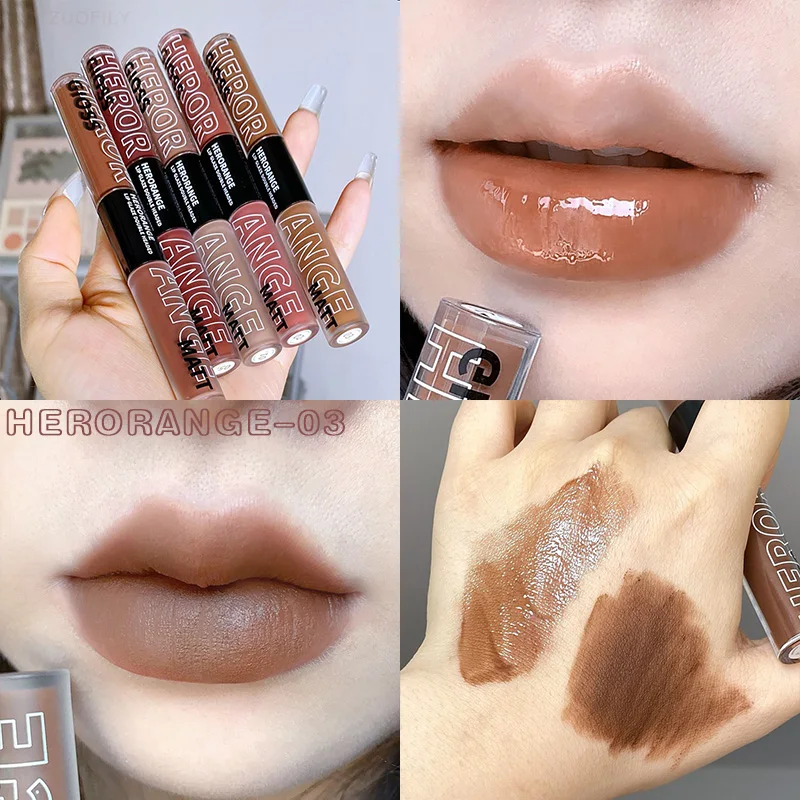 

Korean Liquid Lipstick Double-ended Lip Glaze Matte Velvet Nude Brown Lip Mud Nourishing Mirror Lip Plumper Gloss Lasting Makeup