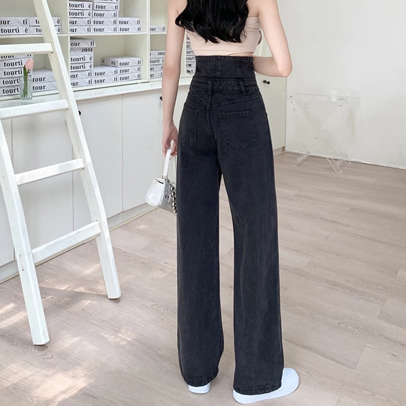 Single-Breasted Jeans Women Fashion Black High Waist Buttons Denim Pants 2022 New Wide Leg High Street Trousers Side Pocket S-XL