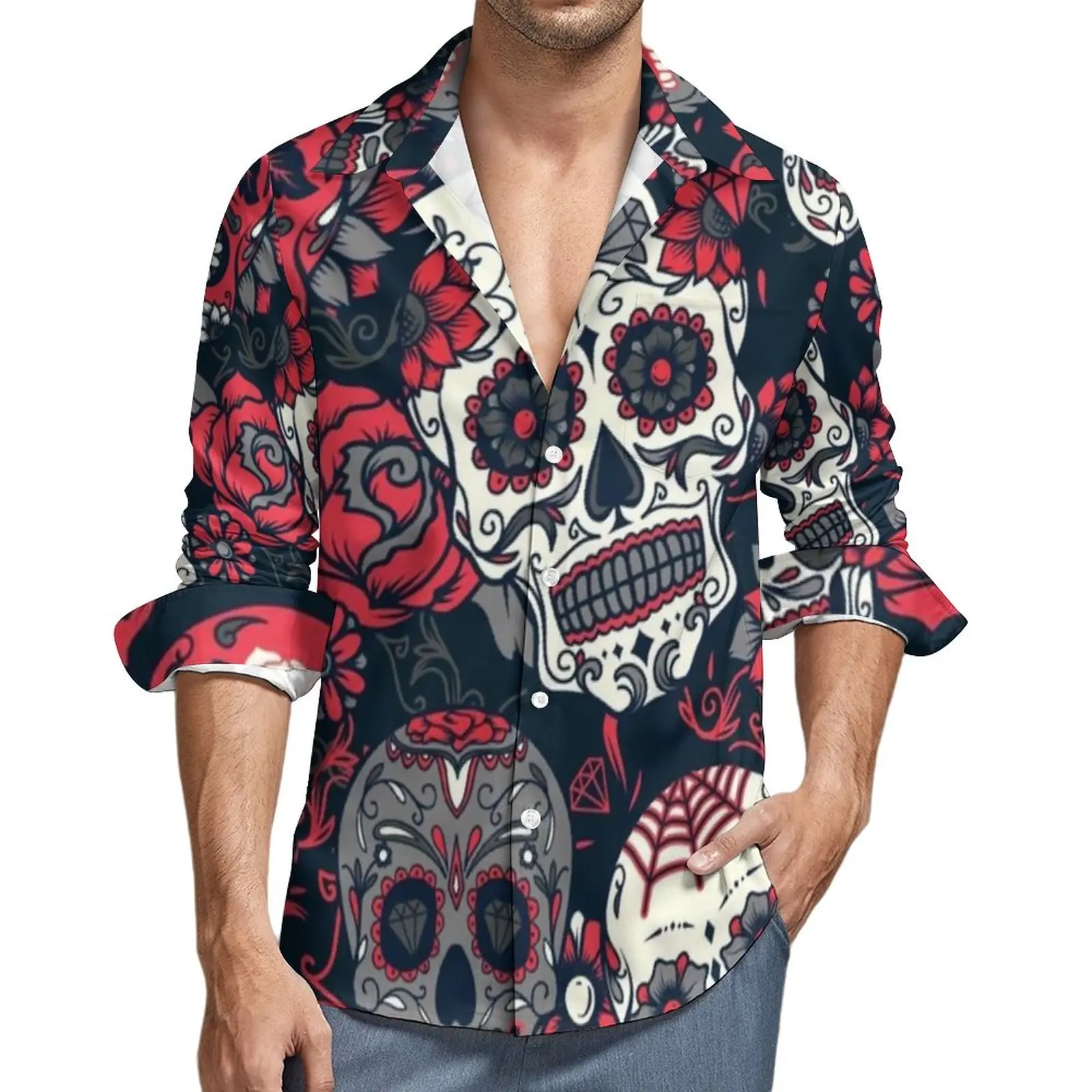 

Mexican Skull Shirt Leaf Flowers Casual Shirts Autumn Harajuku Design Blouses Long Sleeve Vintage Oversized Tops Birthday Gift