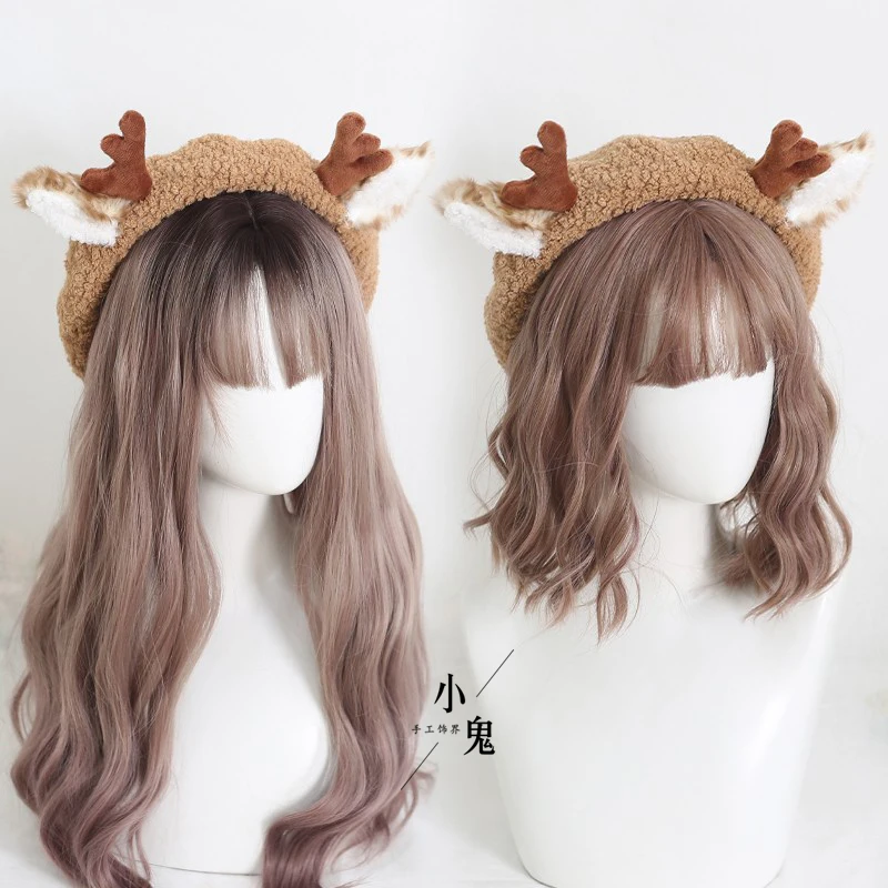 

Japanese Style Soft Girl Autumn and Winter Christmas Antlers Beret Wool Painter Cap Cute Deer Antler Pancake Beret