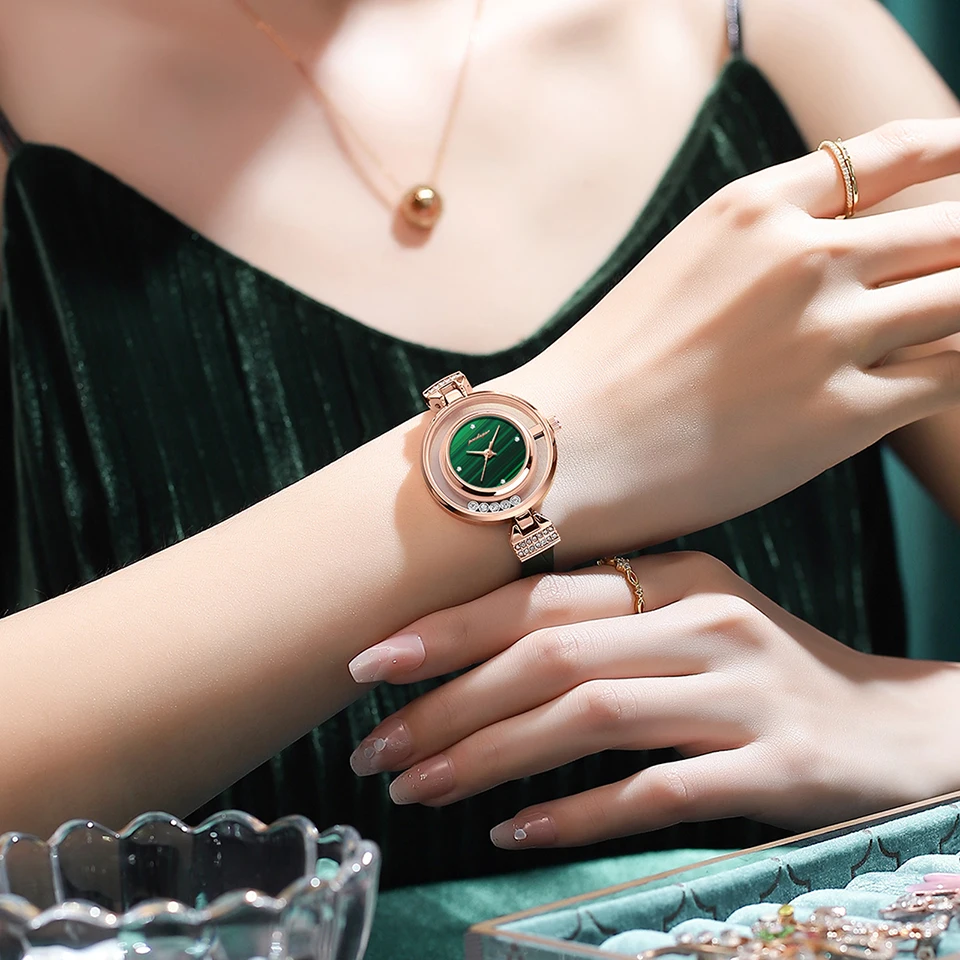 POEDAGAR Fashion Watches For Women Luxury Leather Diamand Dress Ladies Green Watch High Quality Waterproof Women Watch+box reloj