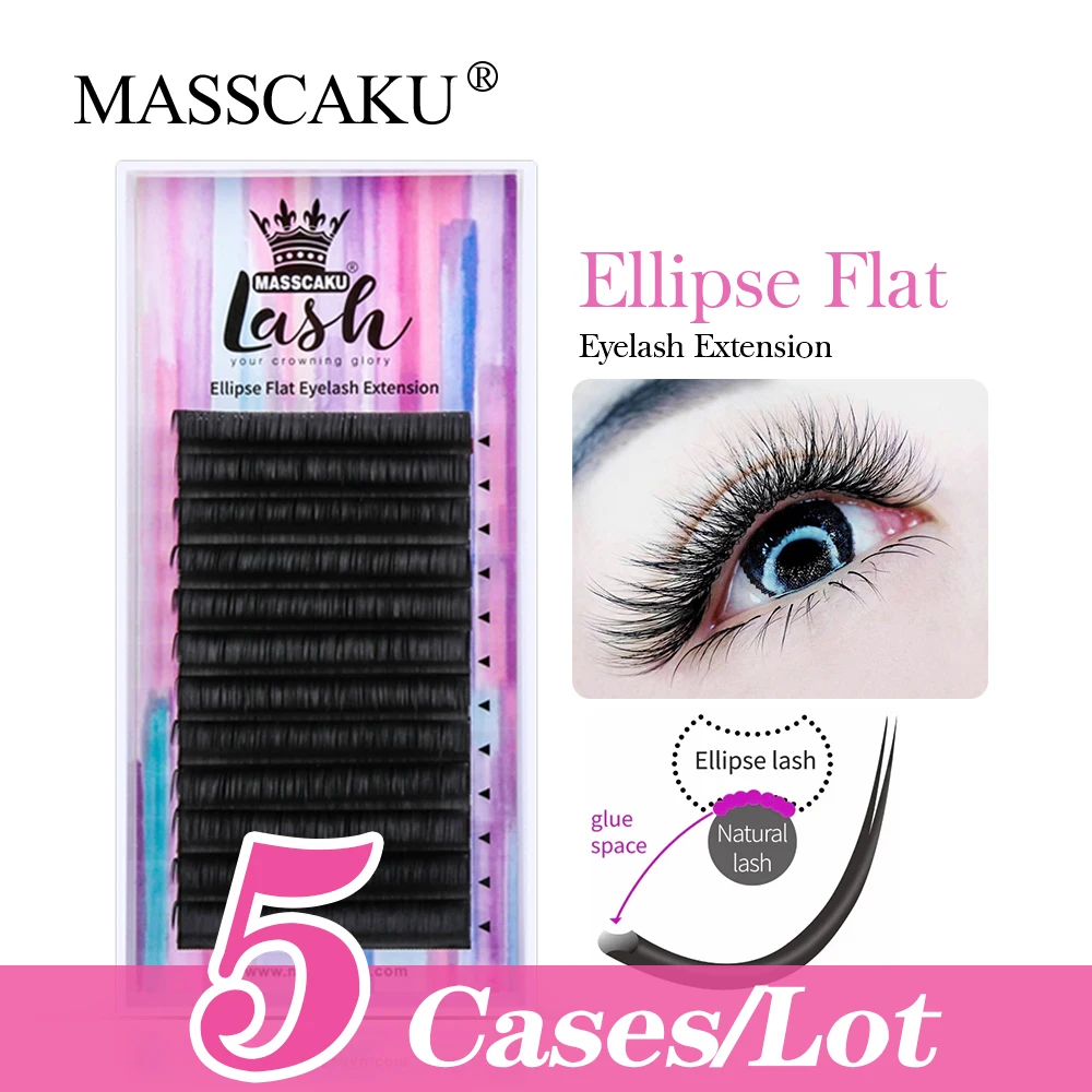 

MASSCAKU 12Lines 5Cases/lot Ellipse Flat Double Split Tips Lashes Individual Nature Korean PBT Eyelash Extension Supplies