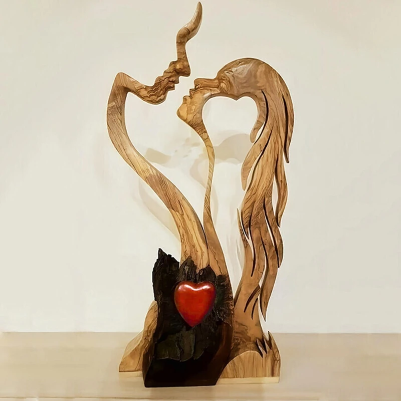 Romantic Statue Love Heart Kissing Couple Wooden Figurines Craft Carved Abstract Sculpture Home Office Desktop Decor