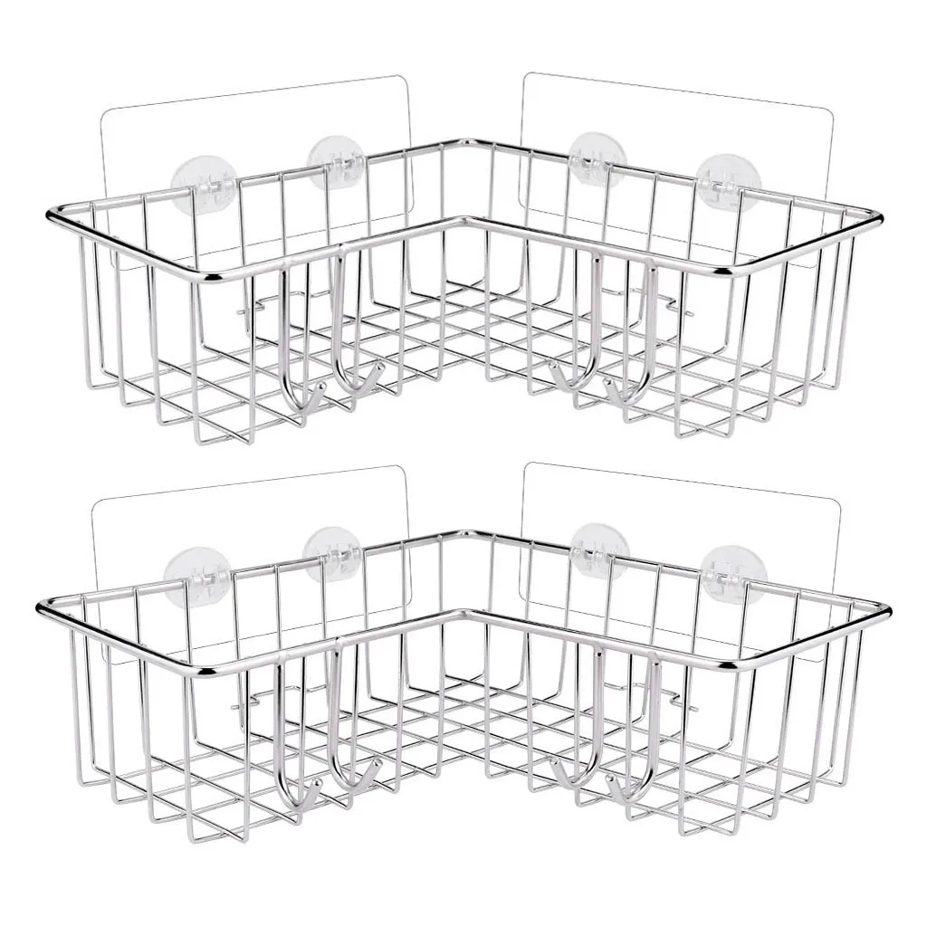 

Stainless Caddy Organizer Steel Corner 2Pcs With Hooks Storage Bath Shower Shelf Dish Rack Mat over The Kitchen Sink Shelf