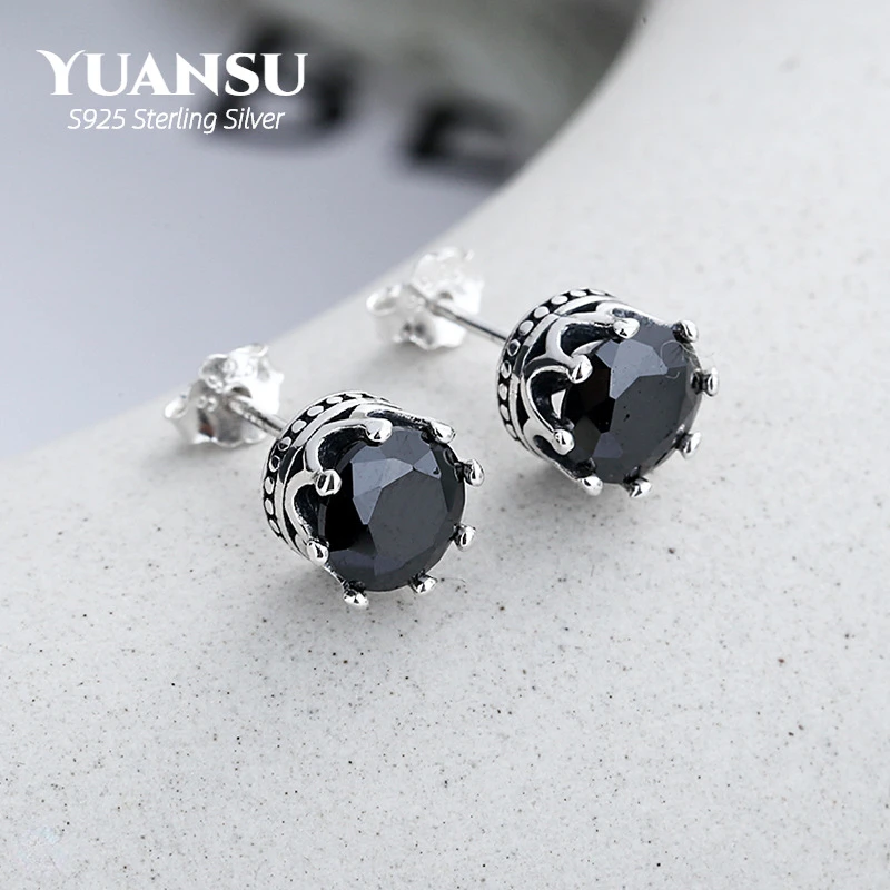 

925 Sterling Silver Temperament Crown Bottom Set Inlaid With Eight Heart Eight Arrows Cut With Black Zircon Earrings For Women