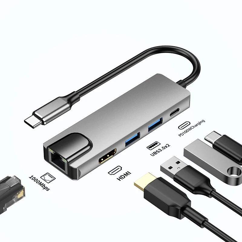 

HUB USB C Splitter 5 in 1 USB3.0 4k HDMI-compatible 1000M Gigabit Ethernet Rj45 100W PD for MacBook Pro Laptops PC Accessories