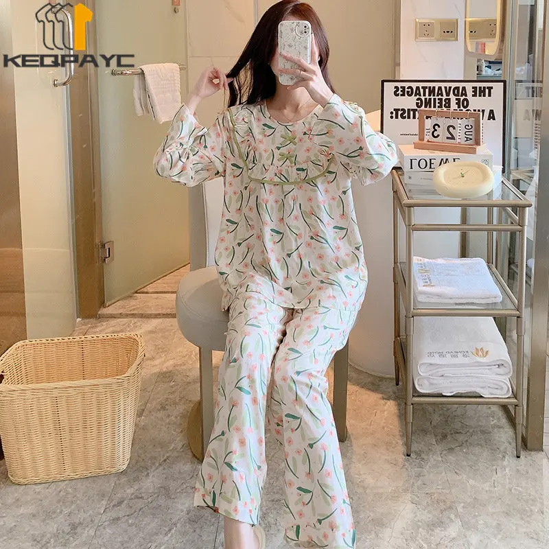 New 2023 Spring Autumn Women's Long Sleeve Thin Pajamas Sleepwear Women Sweet Cartoon Loungewear Casual Nightwear Clothing Sets