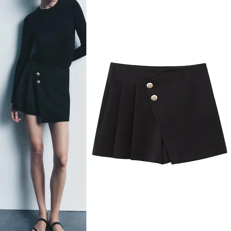 

TRAF 2023 Women Buttons Split Skirt Vintage Pleats High Waist Skort Black Commute Side Zip Skirt Shorts Chic Summer Mini Skirt