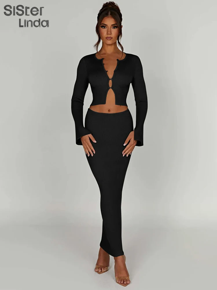 

Sisterlinda Autumn Elegant Women 2Piece Set Full Sleeve Ribbed Knitted Button Crop Tops+Maxi Skirts Female Matching Outfits2023