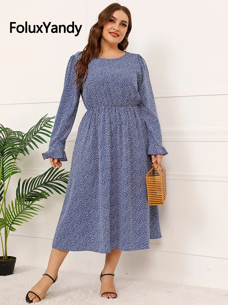 

FoluxYandy Women Casual Midi Dress Plus Size O Neck Print Flare Long Sleeve Beach Dress Vestidos Blue CNFS33