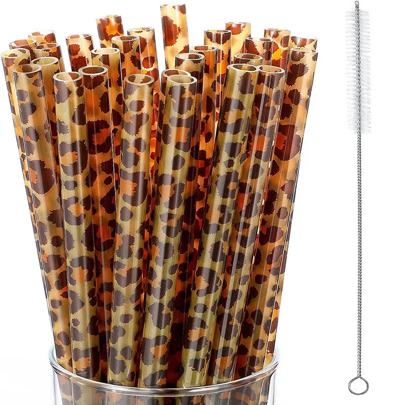 

10/20pcs Leopard Plastic Straws Hard Plastic Reusable Straws with Cleaning Brush for Tumbler Cup Drinking Bar Party 230mm Long