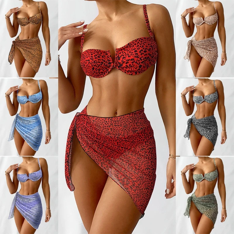 

Ladies Split Swimsuit Comfortable Fashion Printed 3-Piece Knotted Swimming Suit Push Up Wrap Beachwear Gather Bikini Set
