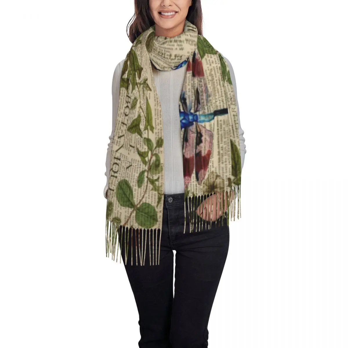 Шарф с газетным принтом и кисточкой современные листья ботаническое искусство