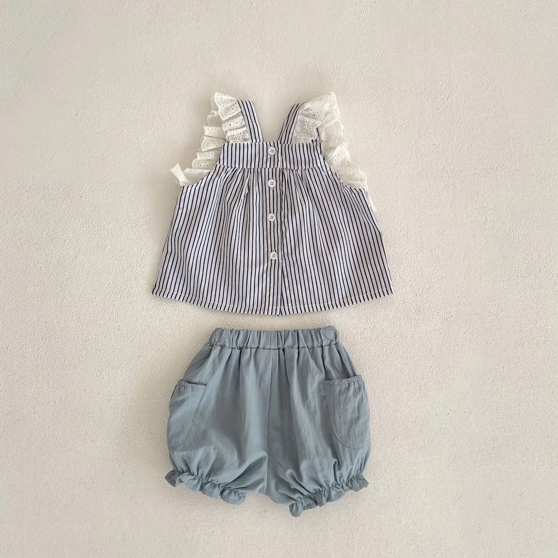 

2023 Summer Ins Girl Infant Striped Vest Set Baby Ruffle Suspenders Shirts + Solid Pockets Shorts 2pcs Children Cotton Tops Suit