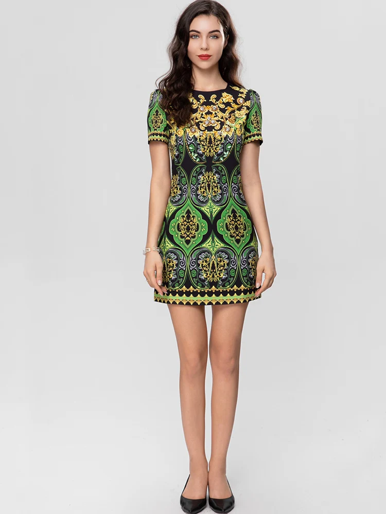 

Fashion Designer Crystal Beading Printing Dress Summer Women Crew Neck Short Sleeve Mini Vestidos High Street Elegant