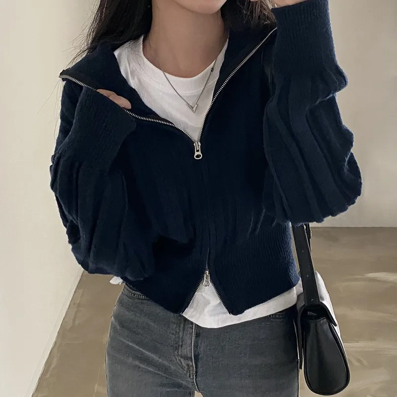 Корейский свитер с двойной молнией и лацканами повседневный длинными рукавами