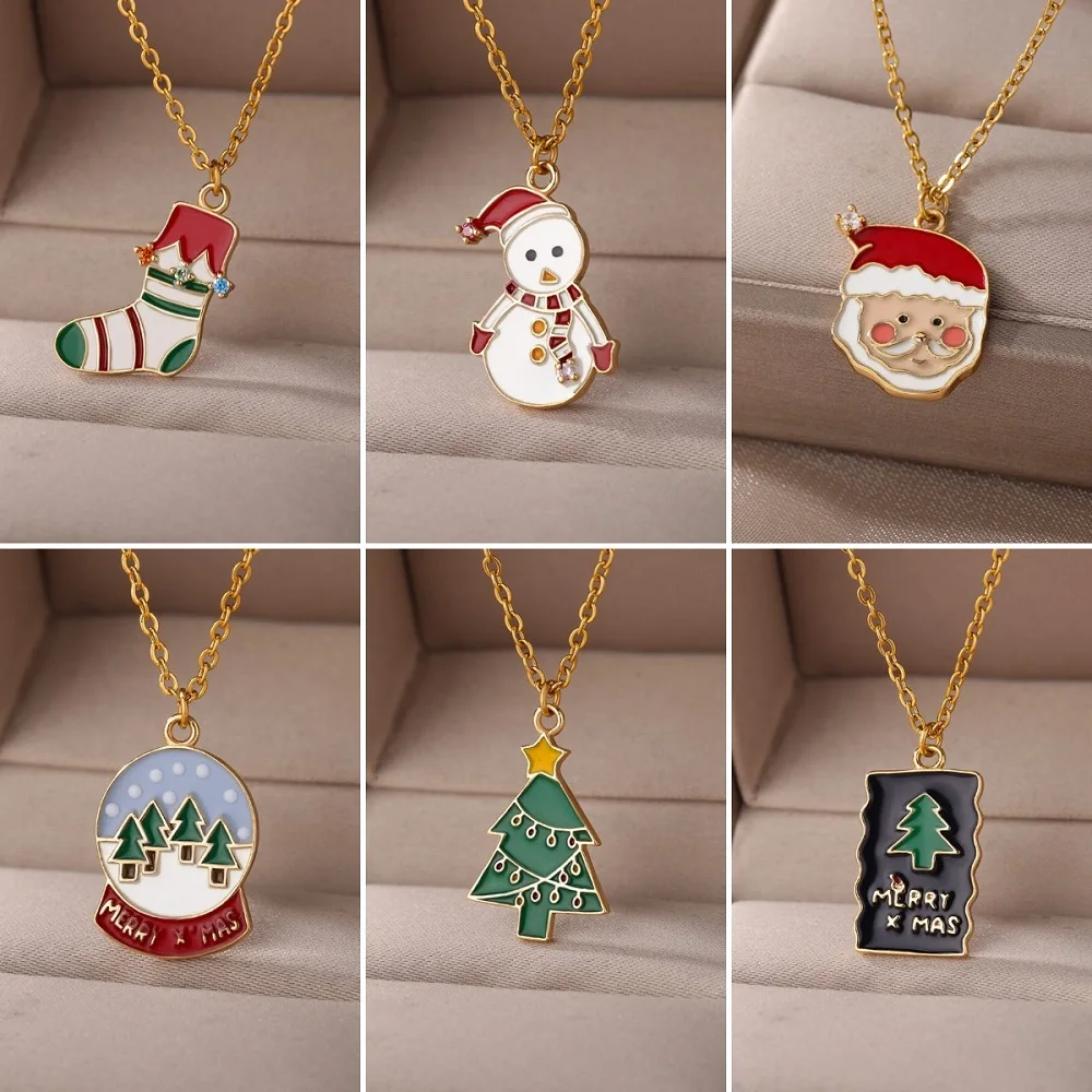 

Charm Enamel Sock Christmas Necklace For Women Merry Christmas Snowman Santa Claus Pendant Link Chain Necklace Xmas Jewelry Gift
