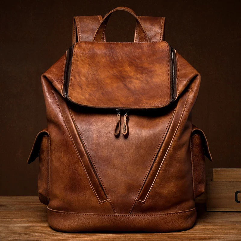 

Роскошный дизайнерский винтажный дорожный рюкзак для мужчин, мягкий потертый коньяк ручной работы, Подарочная мужская сумочка