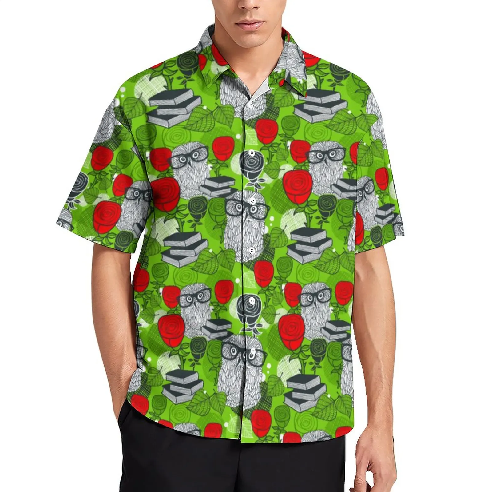 

Гавайская Повседневная рубашка для отпуска с изображением милой совы, Гавайские рубашки с принтом красных роз, мужские забавные блузки, топ с коротким рукавом и графическим принтом, большой размер
