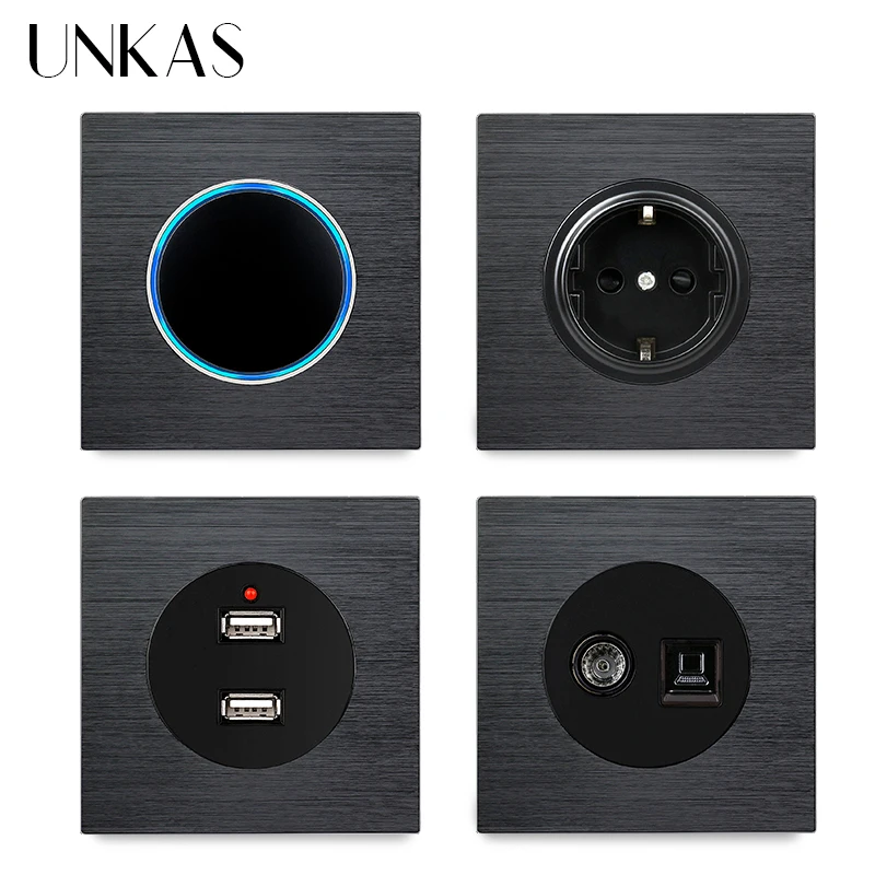 

UNKAS 1 / 2 / 3 / 4 Gang 1 / 2 Way On / Off Wall Light Switch Large Aperture LED Backlight Data Black Aluminum Outlet