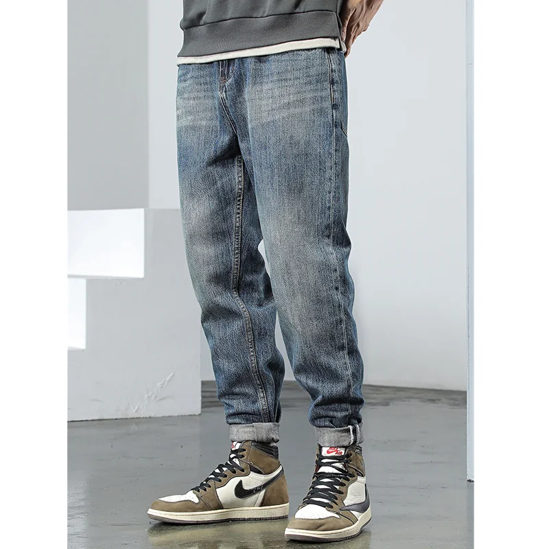 Streetwear Men Autumn and Winter Baggy Straight Cylinder Jeans Vintage Chaopai Harun Trousers Fashion Comfortable Blue Trousers