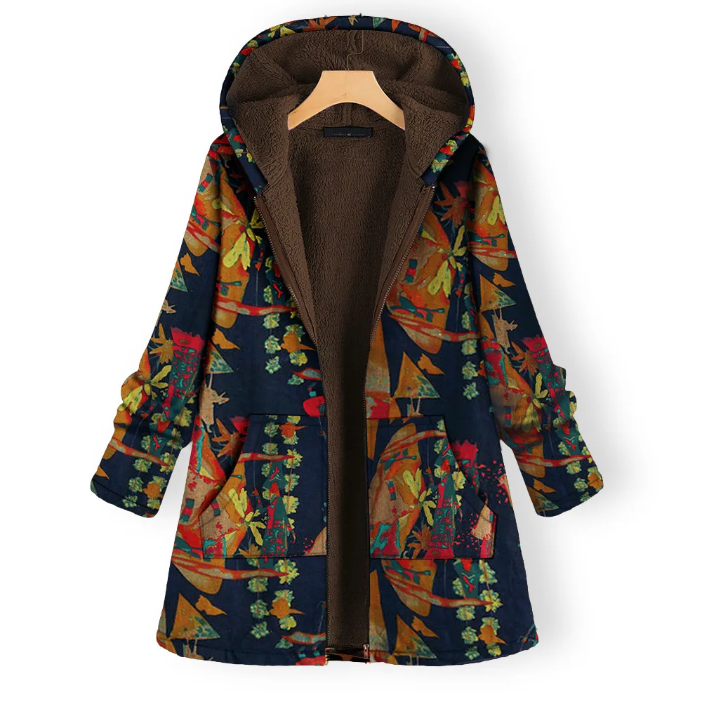 2022 winter new loose cotton coat women's mid-length printed hooded warm cotton coat
