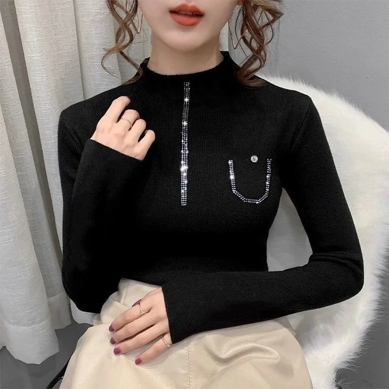 

Sexy Knitted Sweaters Women Pullover Diamonds Korean Style New Winter Drill Long Sleeve Autumn Half Turtleneck Sweater Top E347
