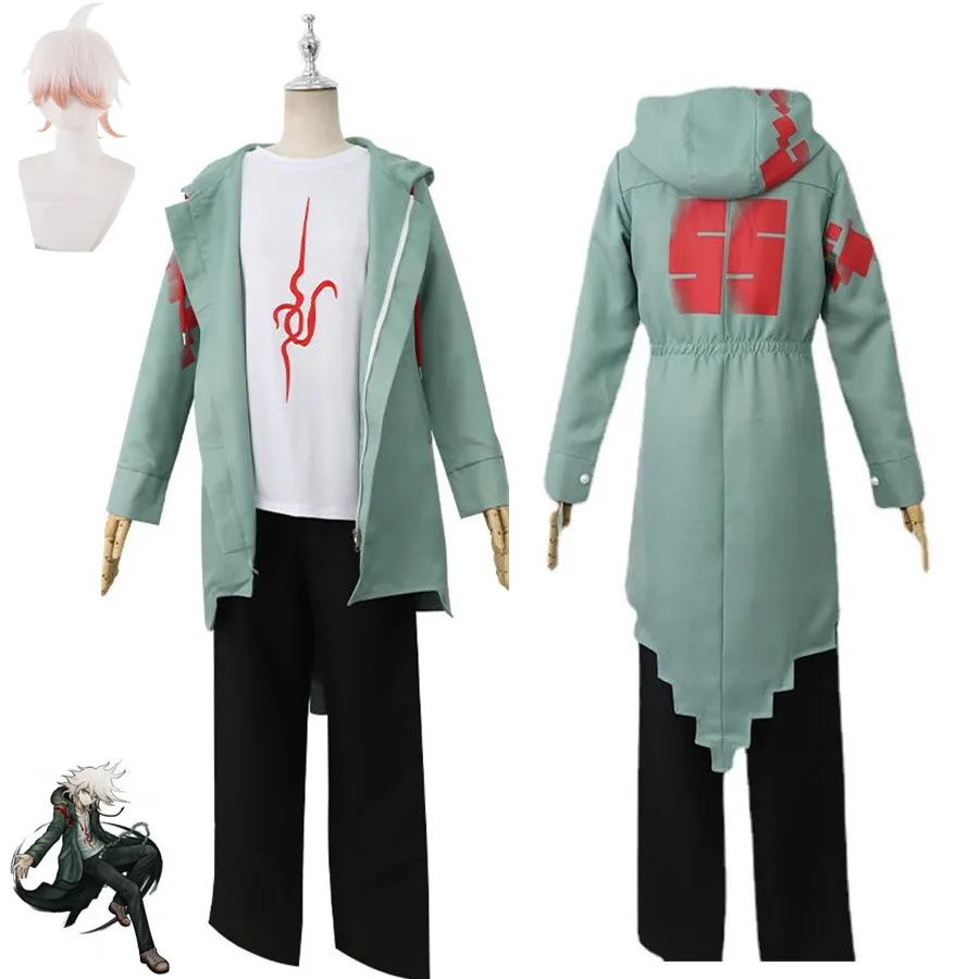 

Аниме Nagito Komaeda Danganronpa:Trigger Happy Havoc зеленый костюм косплей, пальто, брюки, парик для мужчин и женщин, костюм на Хэллоуин для взрослых