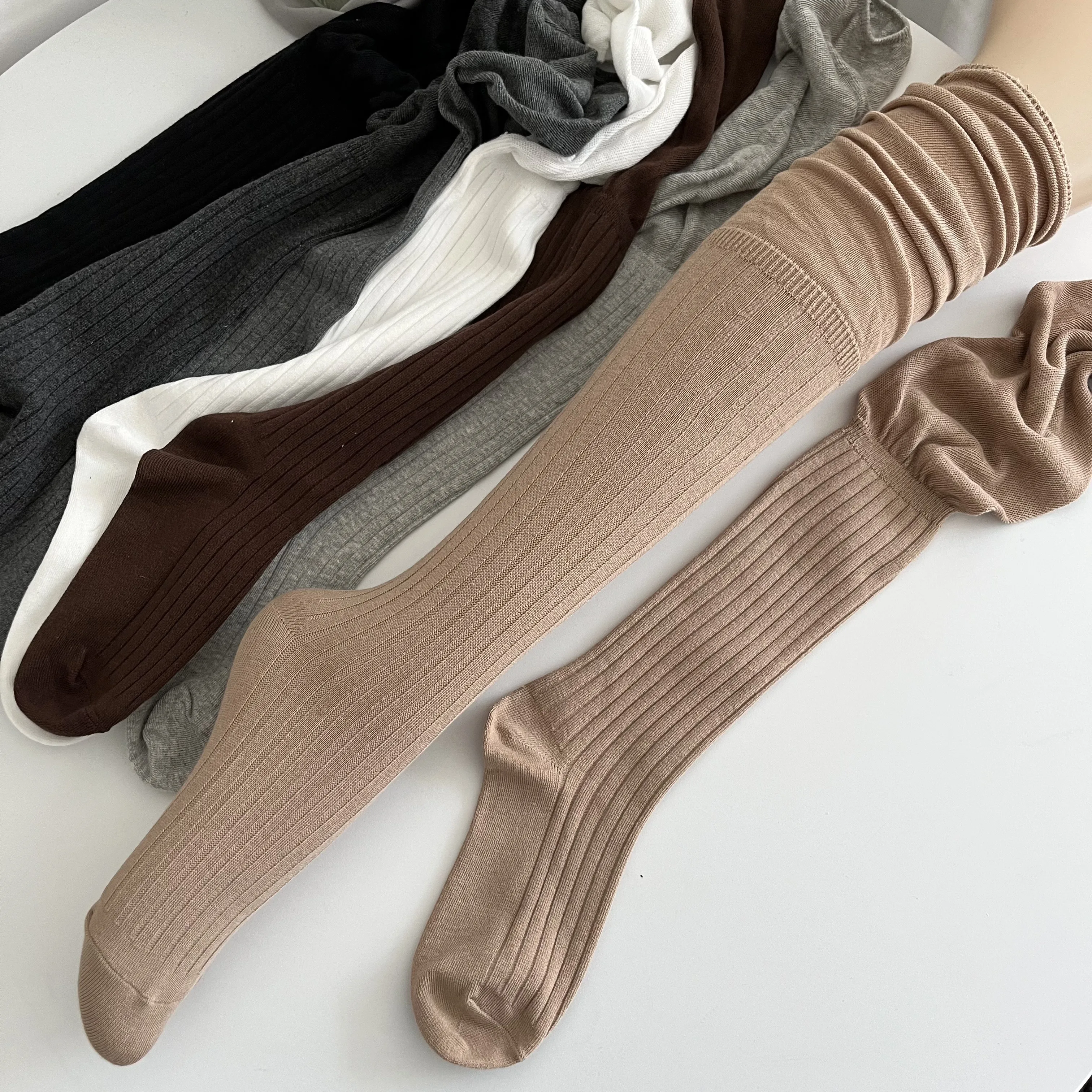 Smoky Gray Knee Socks Women Spring and Autumn Vertical Stripes Patchwork High Stacked Calf Retro White Stockings ...