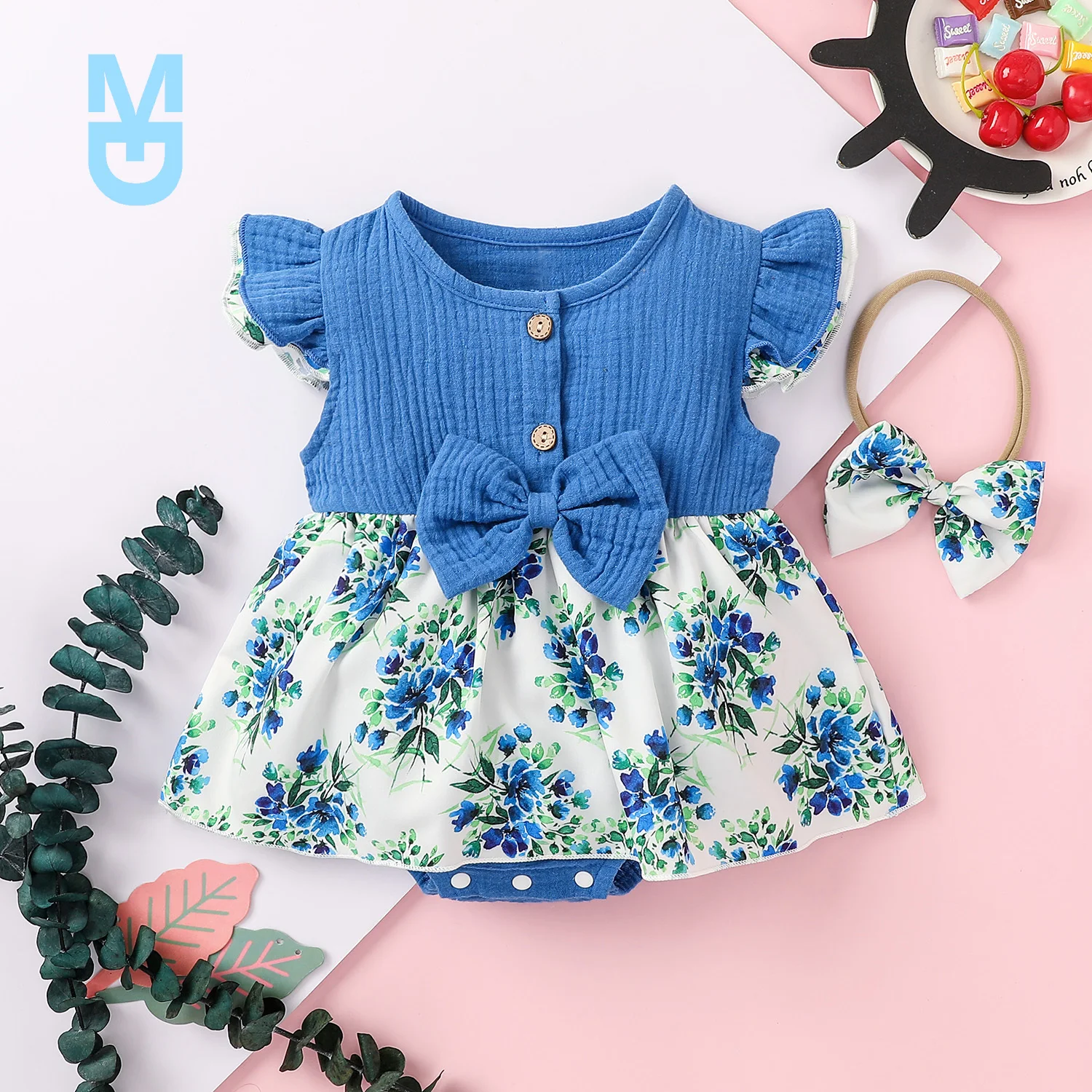 

New 2 Pcs born Printed Outfits, Baby Girl Fly Sleeve Round Neck Bowknot Button Skirt-like Romper + Headband