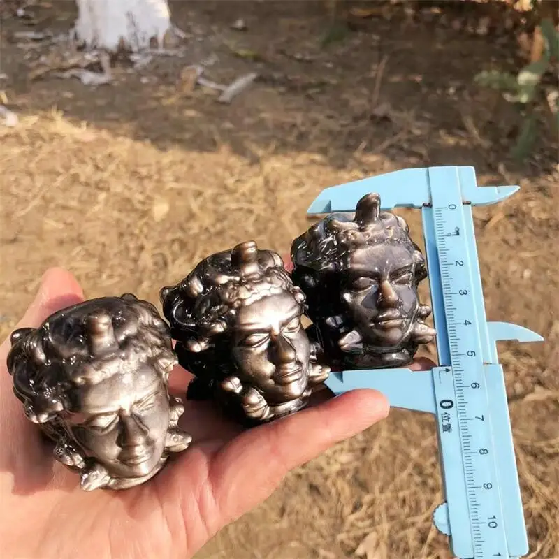 5 см натуральный серебряный обсидиан Медуза череп резьба исцеление фэншуй камни