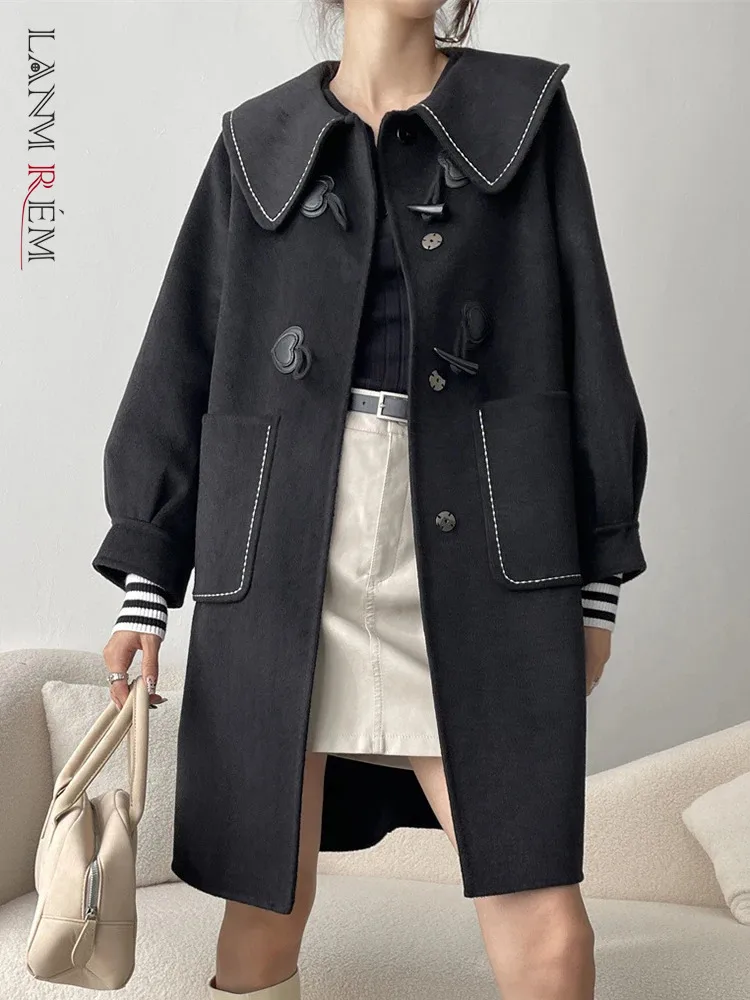 

[LANMREM] Fashion Black Horn Button Wool Coats For Women Lapel Long Sleeve Warm Elegant Female Clothing 2023 Winter New 26D7244