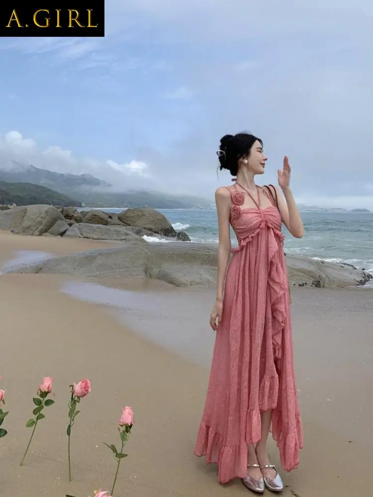 

2023 Summer Dress FashionSummer 2023 Pink Rose Irregular Holiday Evening Party Beach Dress For Women Sexy Club Ruffles Backless