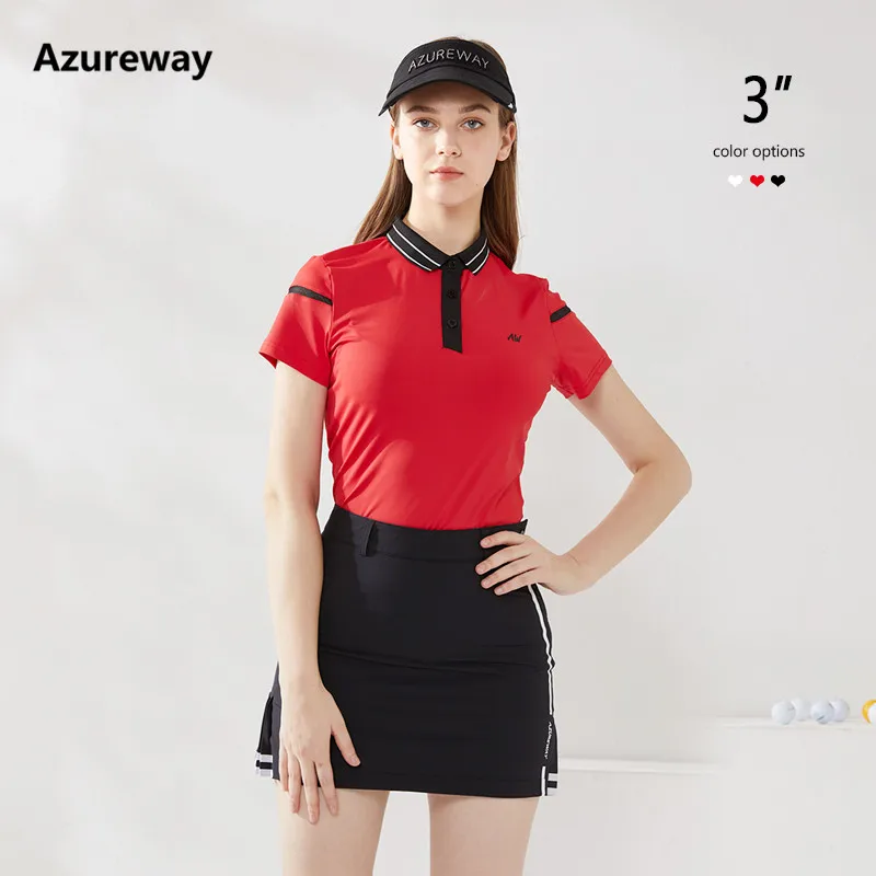 Azureway Golf Short Sleeve Shirt Ladies Golf Lapel Polo Shirt Slim Elastic T-shirt Ladies Golf Tops Pleated Skirt with Shorts