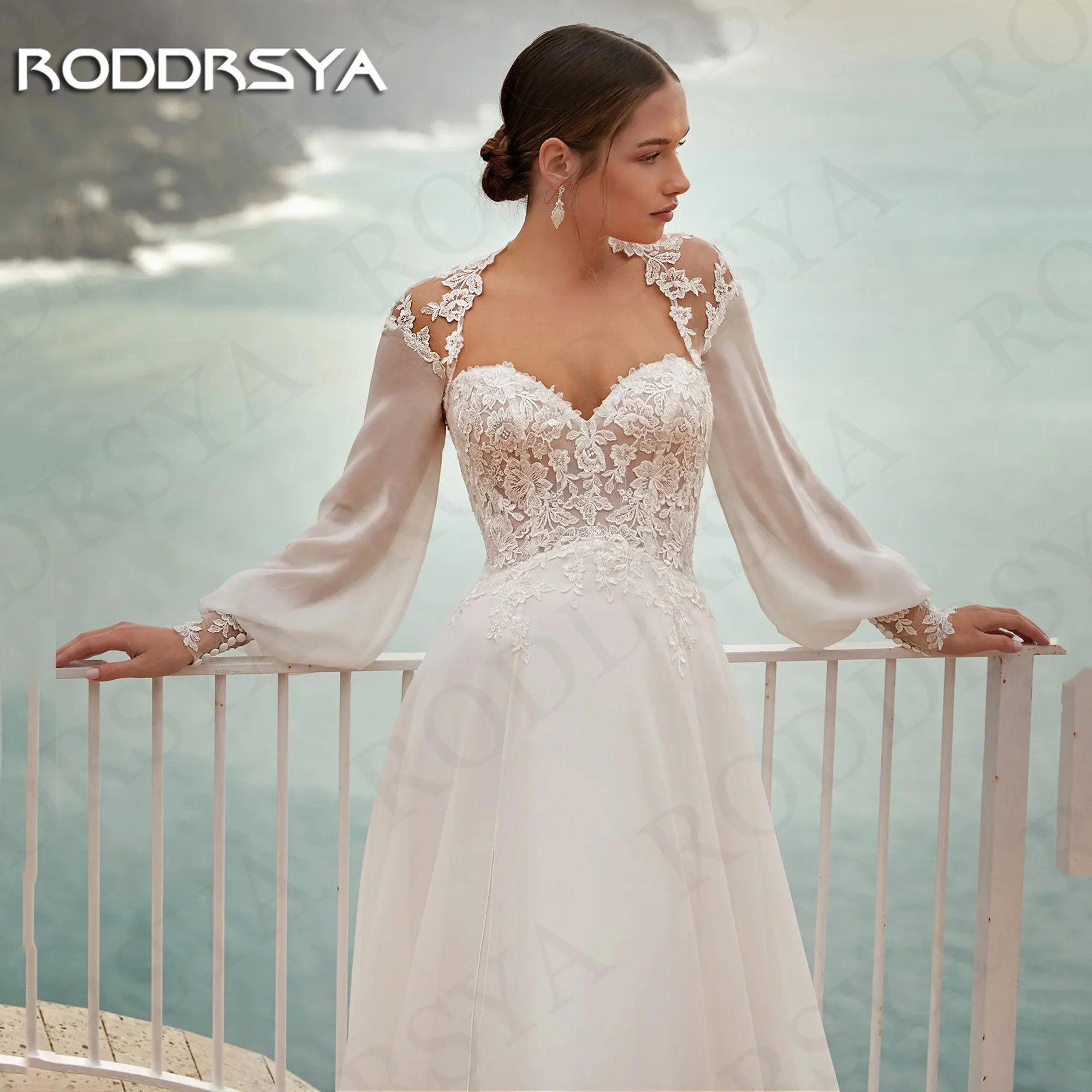 Фото Пляжные свадебные платья RODDRSYA с длинным рукавом для невесты, кружевное женское свадебное платье-трапеция с открытой спиной, шифоновое платье для невесты Пляжные свадебные платья с длинными рукавами для невесты  Кру №3