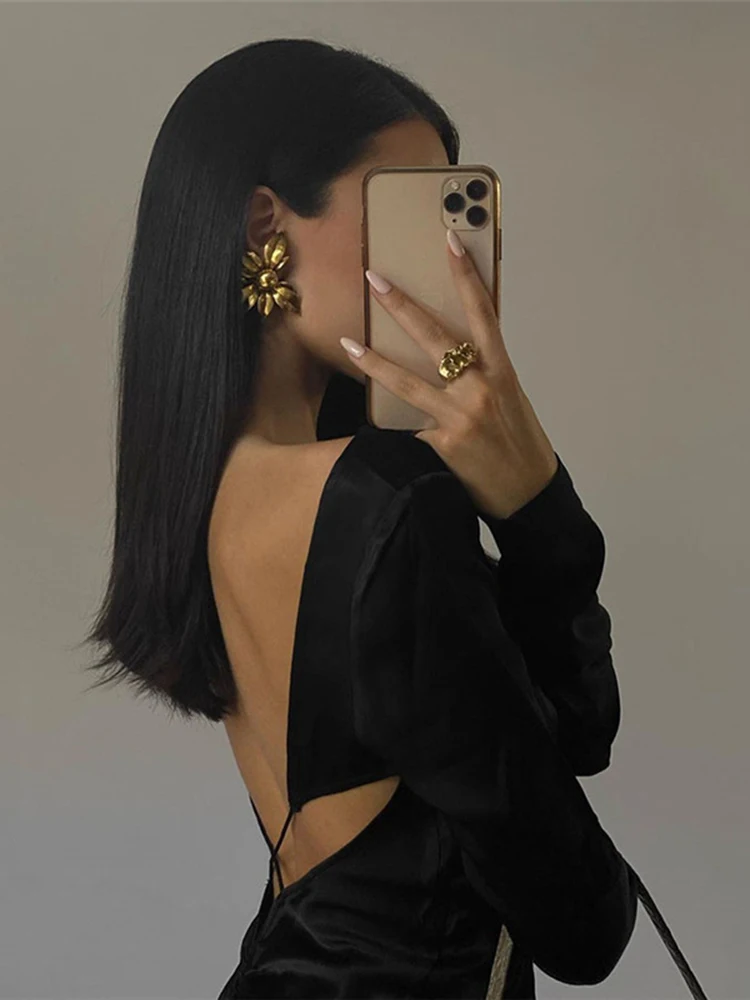 

Elegant Fashion Long Sleeve Backless Bandage Dress for Women 2022 Autumn Outfits Ruched Dresses Club Party Clothes