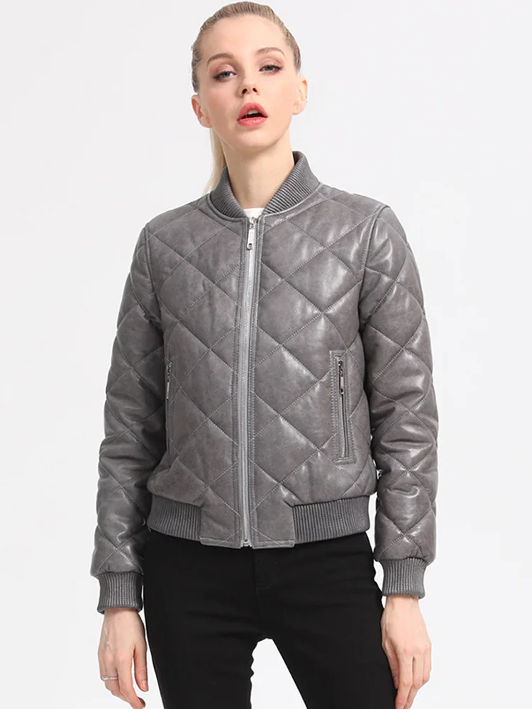 New Women Genuine Leather Jacket Autumn Winter Casual Thicken Stand Collar Sheepskin Baseball Jacket Slim Short Coat Female