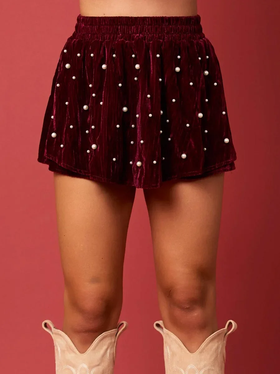2024 Winter Women’s Velvet Skirts Skorts Fashion Female Elastic High Waist Pearl Studded Skirt Shorts Christmas Party