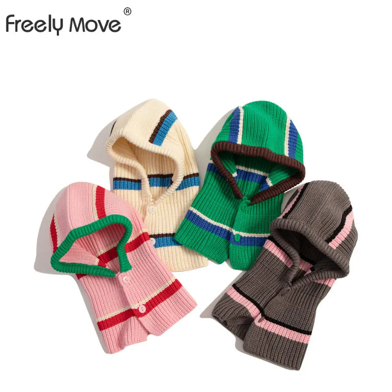 

Freely Move 2022 Children Splicing Color Stripe Pull Hair Hat Korean Western Style Baby Hair Hat Scarf Two Sets of Wind Warm Hat