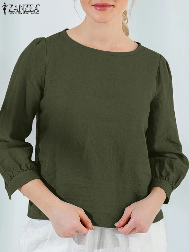 

Модная женская блузка с круглым вырезом и рукавом 3/4, летняя рубашка ZANZEA 2023, женские повседневные рабочие блузки, рубашка, туника, однотонные...