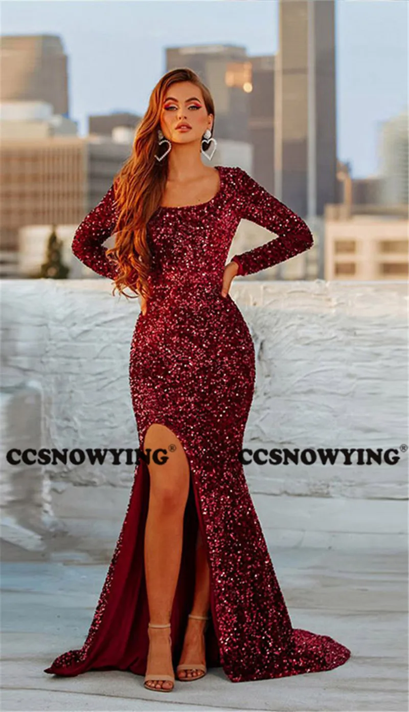 

Burgundy Sequin Long Sleeve Mermaid Prom Dresses with Slit Sparkly Formal Evening Party Gown Women Scoop Neck Robes De Soirée