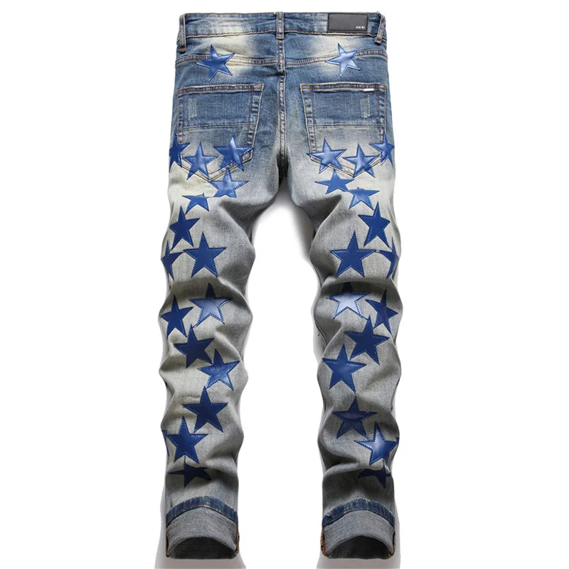 Punk  Jeans Men 2022 New Self-cultivation Elastic Force Trousers Five-pointed Star Embroidery Ripped Pencil Pants Female Autumn