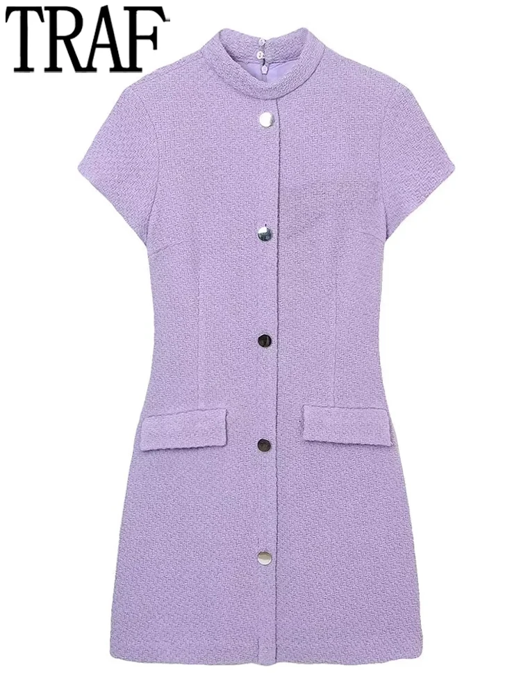 

Фиолетовое короткое платье TRAF, женские текстурированные элегантные платья для женщин, осень 2022, короткое платье с коротким рукавом, женские...