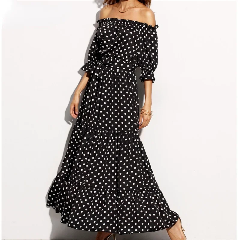 

Print Polka Dot Long Maxi Dress Women Off Shoulder Backless Boho Bohemian Beach Party Dress Sundress Summer 2022 Casual Dresses