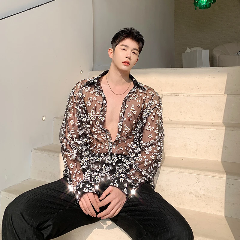 

Tide brand hollow transparent summer dress long-sleeved mesh long-sleeved shirt personalized lace shirt men's clothes