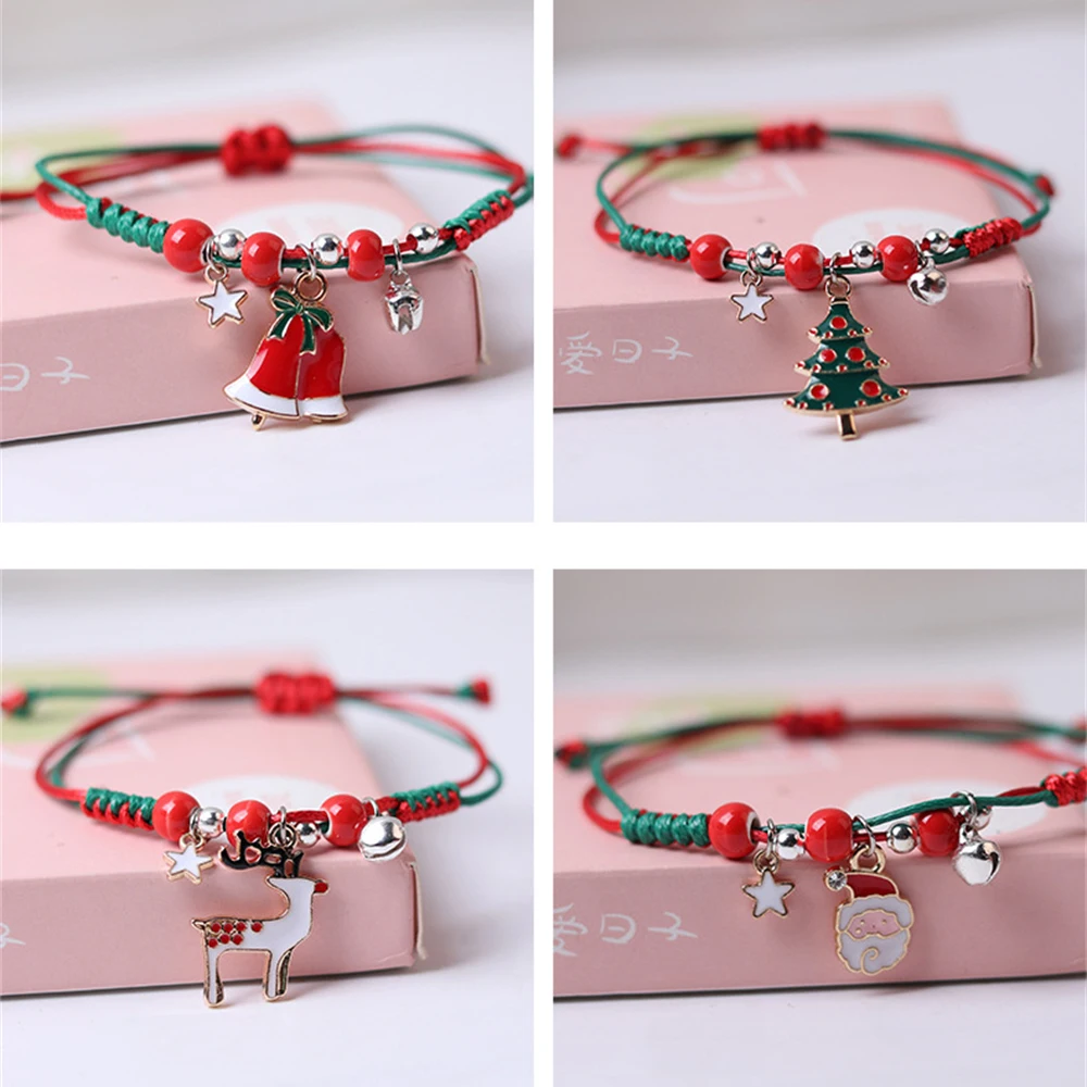 

Santa Claus Elk Xmas Tree Pendant Bracelet Christmas Braided Rope Bracelets for Women Snowman Bell Charm Bangle Jewelry Kid Gift