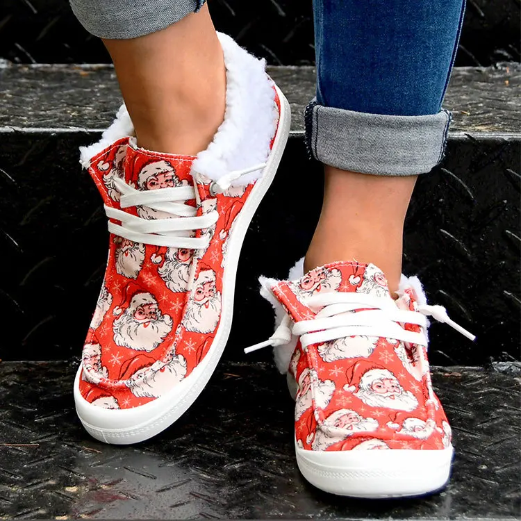 Christmas Canvas Shoes for Women Winter Warm Plush Lace Up Casual Flat Sneakers Fashion Outdoor Sport Ladies Vulcanized Shoes